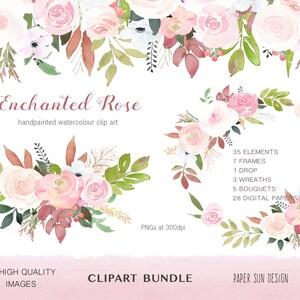 Pacote de clipart de aquarela Blush Rose - Pacote de clipart de rosas em aquarela, buquês de rosas blush, elementos e guirlandas, conjunto de clipart para casamentos, etc.