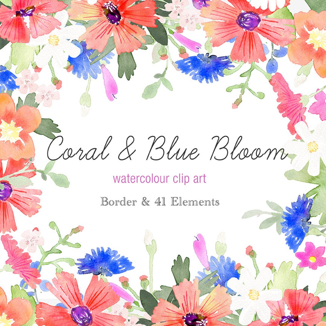 Hand Painted Watercolour Clipart - Coral and Blue Flower Elements ...