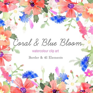 Hand Painted Watercolour Clipart - Coral and Blue Flower Elements ...