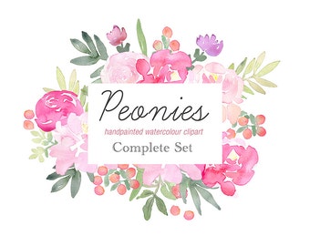 Peonies Pink Flower Elements - Watercolour Clipart - Original Hand Painted Graphics Clip Art for Wedding Invitation, Products, Branding