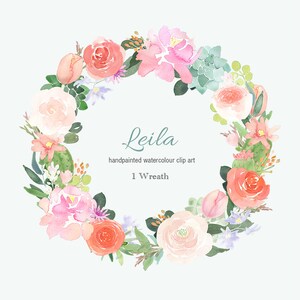 Watercolor Clip Art - Floral Wreath Clipart with roses, cactus and succulents in pink, peach and green