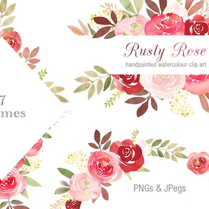 Floral Clipart Frames - Rusty Rose, flower border, watercolor flower invitation clip art, wedding graphics, red roses, pink rose wedding