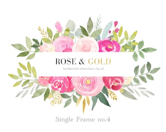 Pink Rose Floral Frame Clipart with Gold, Banner Flower Frame, Pink Roses Watercolor Clipart, Gold and Roses Wedding, DIY Wedding, Branding