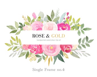 Pink Rose Floral Frame Clipart with Gold, Banner Flower Frame, Pink Roses Watercolor Clipart, Gold and Roses Wedding, DIY Wedding, Branding