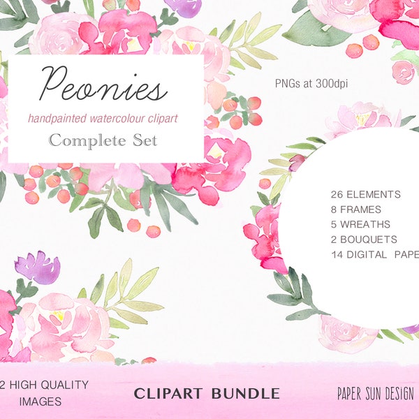 Watercolor Pink Peonies Large Clipart Bundle, Watercolour Clip Art Bundle, Peony Clipart Pack, DIY Wedding Clipart, Pink Peonies Clipart