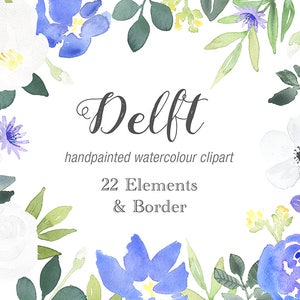 Handprinted Watercolor Clipart - Delft, blue green & yellow floral border, flower elements, blue wedding theme, wedding invitation graphics
