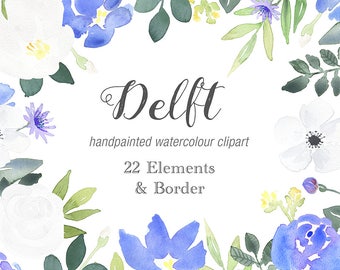 Handprinted Watercolor Clipart - Delft, blue green & yellow floral border, flower elements, blue wedding theme, wedding invitation graphics