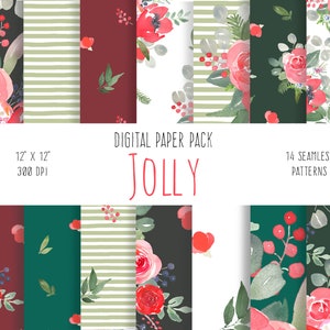 Christmas Floral Digital Paper - Watercolor Floral Christmas Background,  Winter Flower Digital Paper, Watercolor Christmas Scrapbook Paper