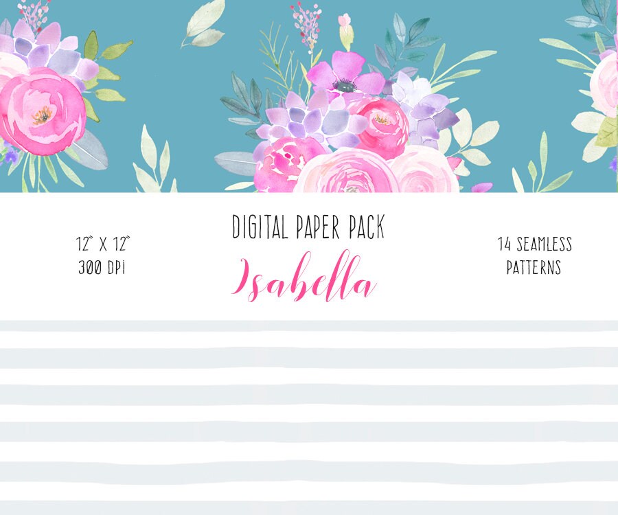 Watercolor Floral Digital Paper Pack - Decoupage Paper, Roses Repeat ...