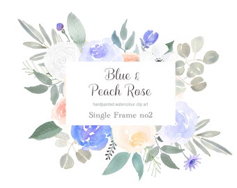 Blue and Peach Rose Clipart Frame, Watercolor Flower Border, Floral Clipart, Pastel Blue Rose Wedding, Do It Yourself Wedding Invitation