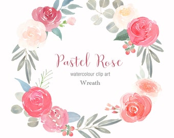 Pastel Rose Clipart Wreath, Downloadable Watercolor Clip Art, Soft Roses Wedding, DIY wedding, Logo, Pretty Rose Download, Wreath