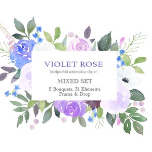 Púrpura Floral Acuarela Clipart - Clipart flor de acuarela, clipart rosa de primavera, ramos florales lila, elementos de imágenes prediseñadas archivos PNG, púrpura