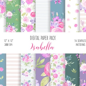 Watercolor Floral Digital Paper Pack - decoupage paper, roses repeat pattern 12 x 12 inches, digital background