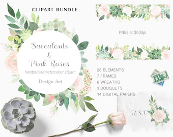 Succulents Clipart Bundle, Succulents and Pink Rose Clipart, Watercolor Clipart Bundle, Rose Clip Art, Wedding Clipart Set, Succulents PNG