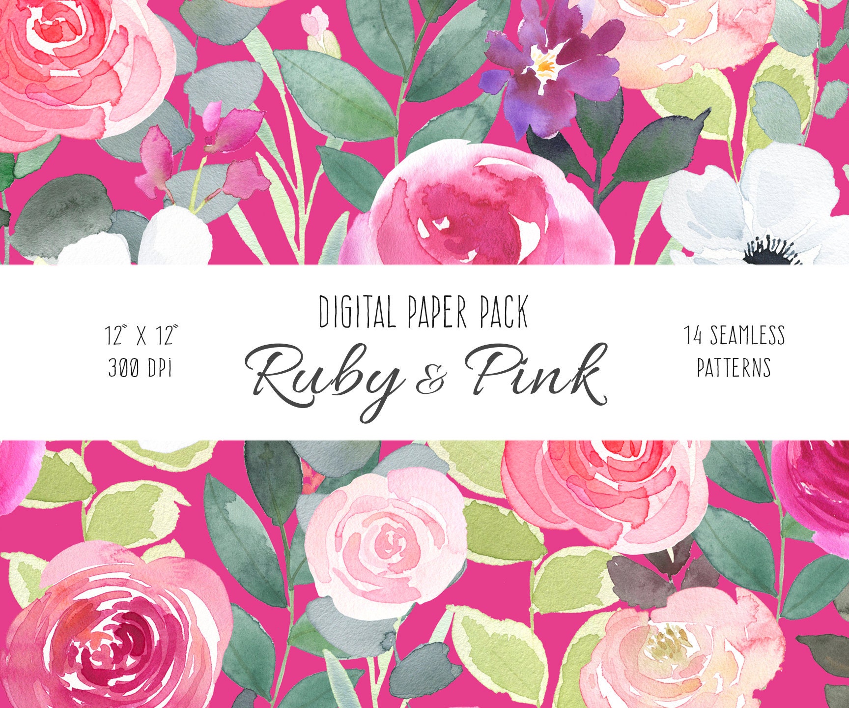 Ruby Roses Print Floral Digital Paper - Ruby and Red Rose Watercolor Decoupage Download ...