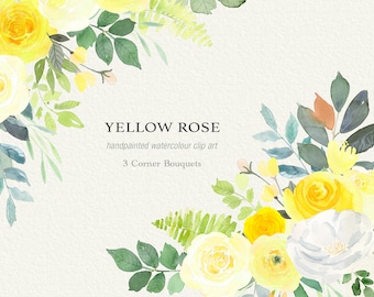 Yellow Rose Clipart, Watercolour Roses Corner Bouquet Clipart, Cottagecore, Floral Aesthetic, Instant Download, DIY Wedding Clipart, PNG