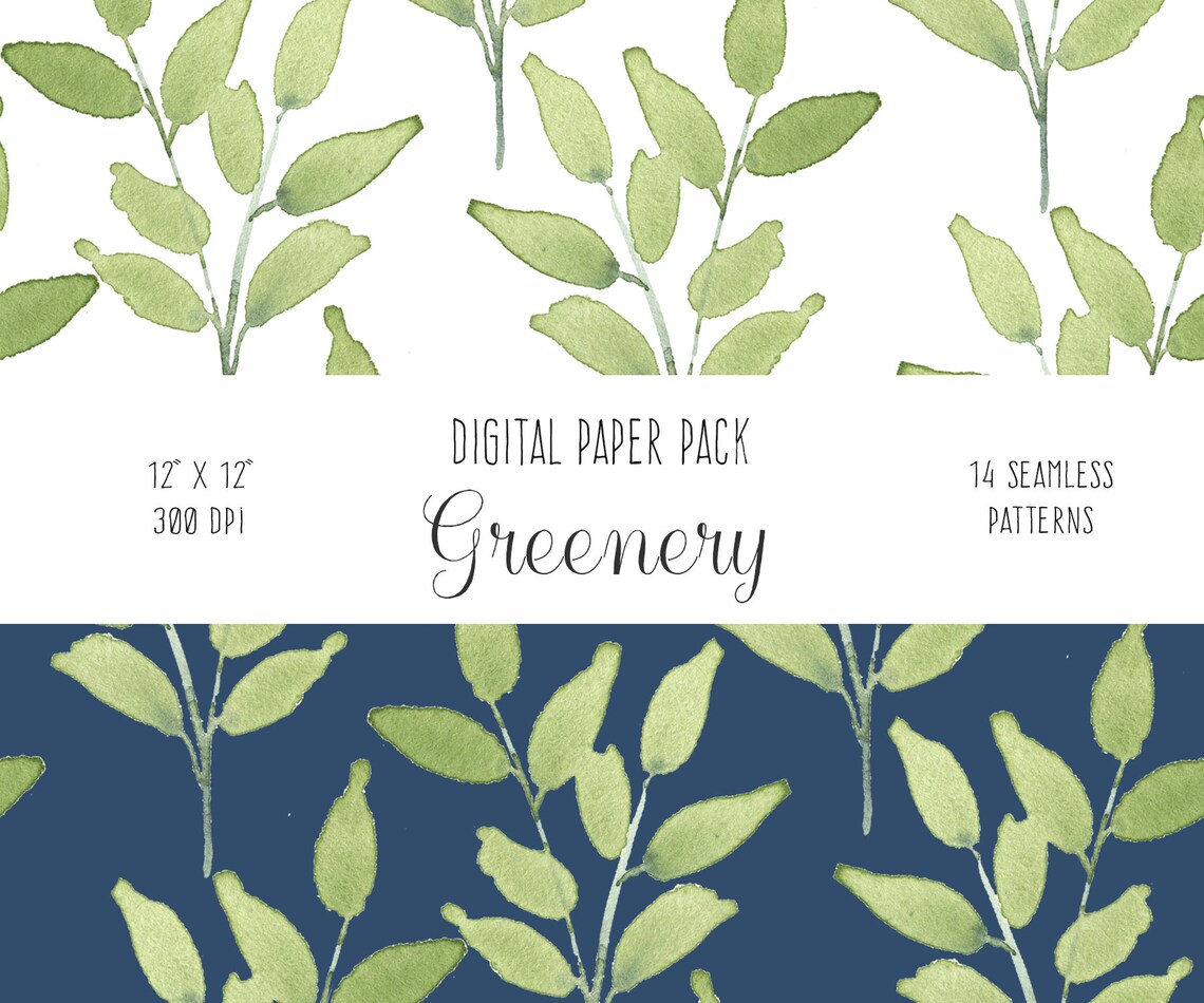 Greenery Digital Paper Pack - Green Leaves Seamless Patterns, Repeat ...
