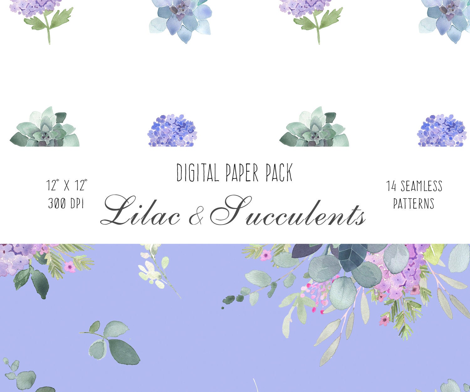 Digital Paper Pack Watercolor Lilac & Succulents Digital - Etsy