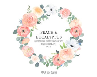 Peach Roses and Eucalyptus Wreath, Watercolor Clipart, Floral Wreath Download, Instant Download, Digital Flower Wreath, DIY Wedding, Logo