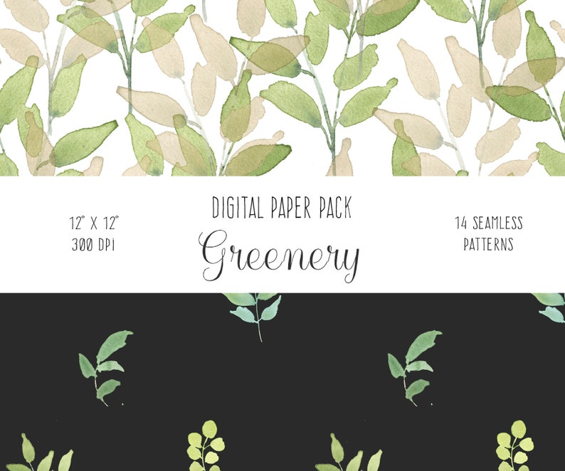 Greenery Digital Paper Pack - Green Leaves Seamless Patterns, Repeat ...
