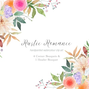 Angolo Bouquet Clipart, ClipArt di fiori dell'acquerello, rosa e marroni, grafica per matrimoni, download digitale, download istantaneo, paese