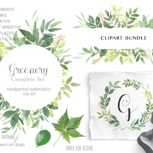 Greenery Clipart Bundle, Green Leaves Clipart Large Set, Greenery Frames, Borders, elements and repeat pattern, Watercolor Green Leaves
