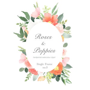 Roses et coquelicots Clipart, Aquarelle Clipart, Floral Clipart Frame, Oval Frame, Téléchargement numérique, Téléchargement instantané, Mariage DIY, logo PNG