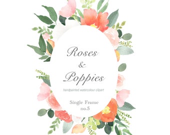 Roses and Poppies Clipart, Watercolour Clipart, Floral Clipart Frame, Oval Frame, Digital Download, Instant Download, DIY wedding, logo PNG