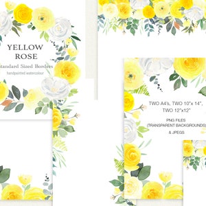 Gelbe Rose Aquarell Blumen Vorlagen, Gelbe Blumen Grenzen, Clip Art Blumen Grenzen, Gelbe Rose DIY Hochzeit Vorlagen und Einladungen