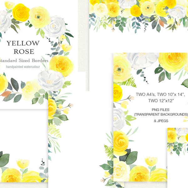 Modèles floraux aquarelle Rose jaune, bordures florales jaunes, bordures de fleurs Clip Art, modèles et invitations de mariage bricolage Rose jaune