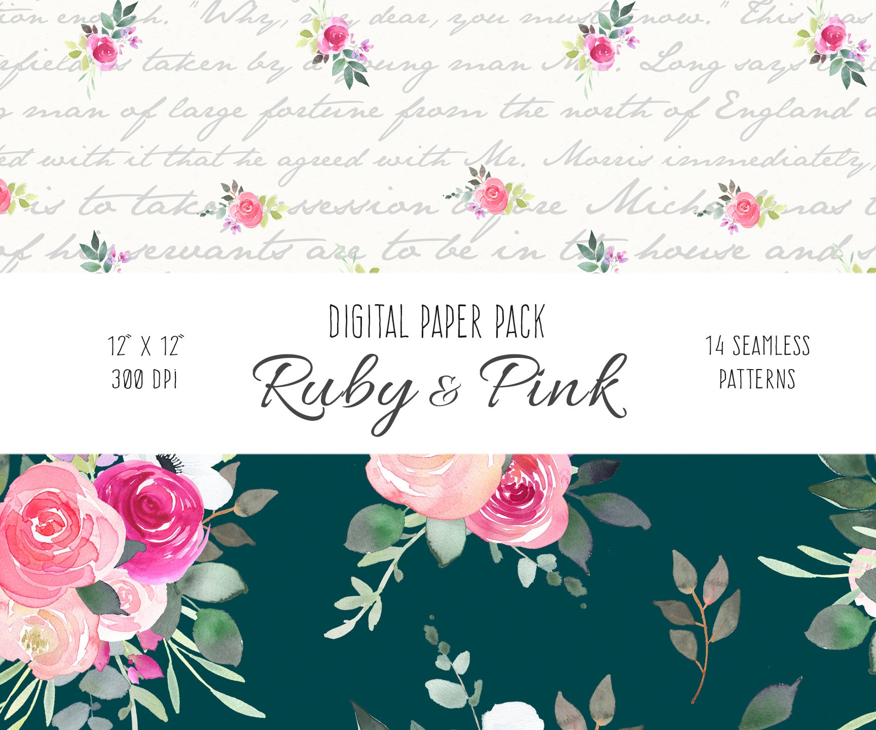 Floral Digital Paper - Ruby and Red Rose Watercolor Decoupage Download ...