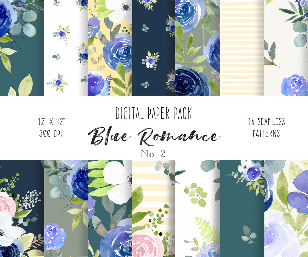 Watercolor Digital Paper Pack - Navy Blue and Pink Roses Floral Pattern ...