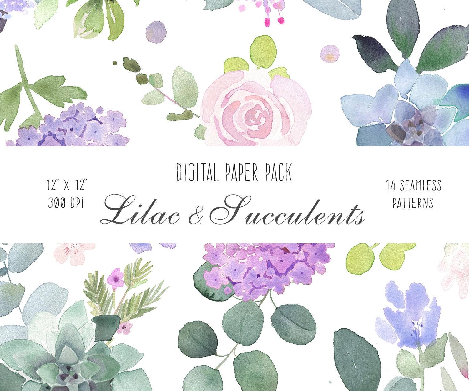 Digital Paper Pack Watercolor Lilac & Succulents Digital | Etsy