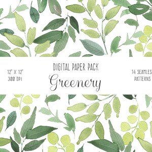 Greenery Digital Paper Pack - Green Leaves Seamless Patterns, Repeat ...