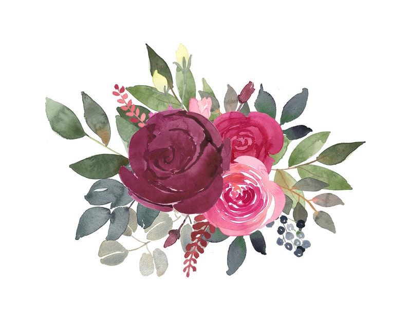 Burgundy and Blush Rose Bouquets Watercolor Clipart flower | Etsy