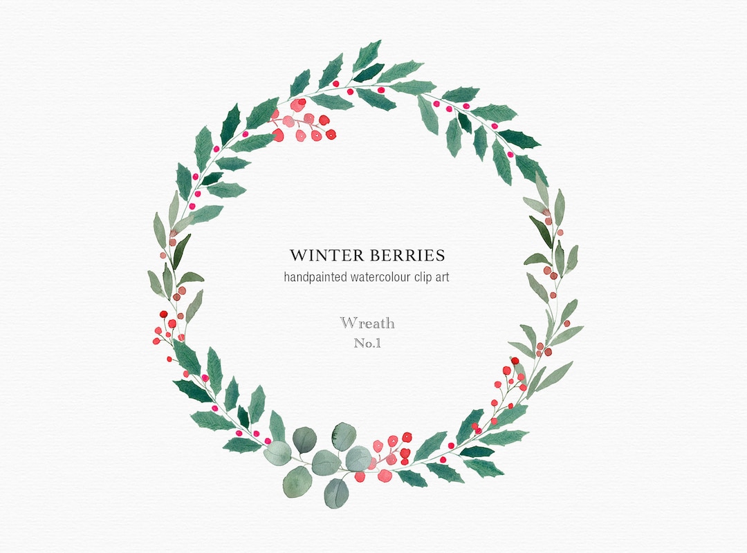 Christmas Wreath Clipart, Watercolor Festive Wreath, Red Berries and