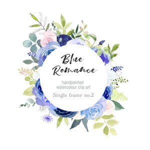 Blue Rose Clip Art Frame, Watercolor Clipart, Digital Download, Circle Floral Frame, Blue and Pink Roses, DIY Wedding Graphics, PNG File