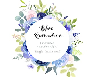 Blue Rose Clip Art Frame, Watercolor Clipart, Digital Download, Circle Floral Frame, Blue and Pink Roses, DIY Wedding Graphics, PNG File