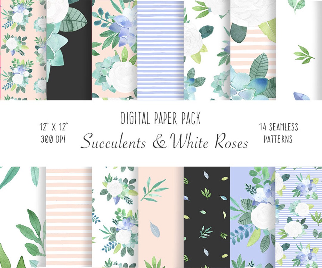 Floral Digital Paper - Succulent and Roses Seamless Pattern for ...