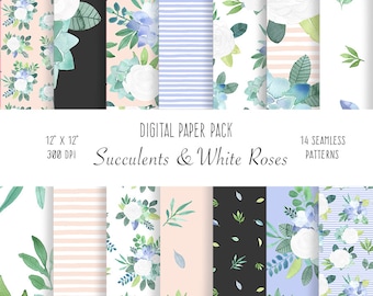 Floral Digital Paper - Succulent and roses seamless pattern for download, blue, black and pink flower papers