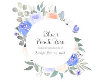 Soft Pink Rose Circle Frame Clipart, Watercolor Clipart, Downloadable flower Frame, Pink and Blue Rose Clip Art, DIY Invitation Clipart