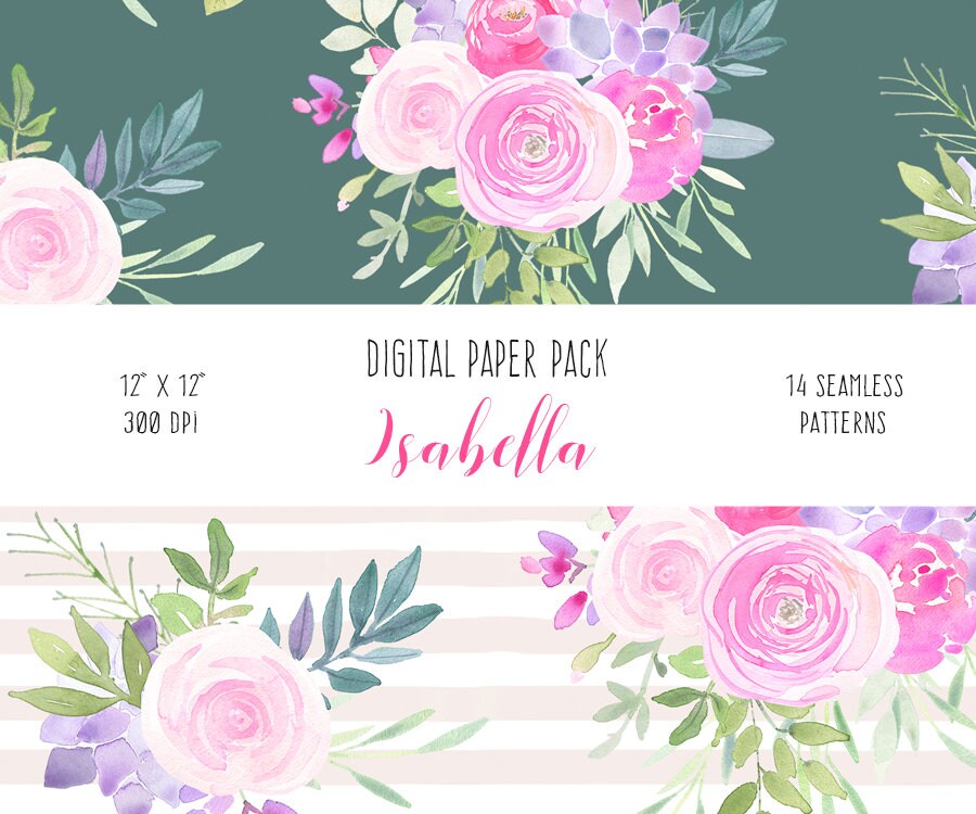 Watercolor Floral Digital Paper Pack - Decoupage Paper, Roses Repeat ...