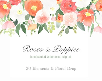 Watercolour Floral Clipart  - Floral Drop, Pink Orange Flower Elements, Poppies, Roses, Digital Elements, Scrapbooking, Summer Flowers PNGs