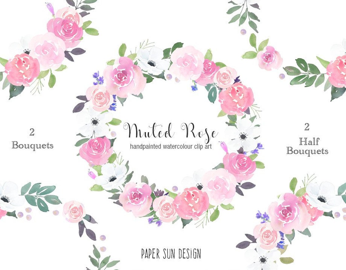 Watercolor Flower Wreath Muted Pink Rose and White Anemones - Etsy UK