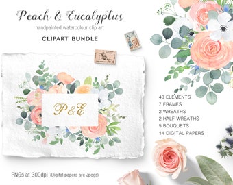 Watercolor Clipart Bundle, Peach and Eucalyptus Clipart Set, Peach Rose Clipart, Rose and Eucalyptus Watercolor Clipart Bundle, Soft Pastels