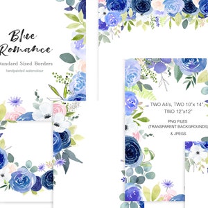 Navy Blue Roses Watercolor Floral Borders and Standard Templates, Navy Rose Watercolor Clipart, Blue Rose Floral Borders, DIY invitation