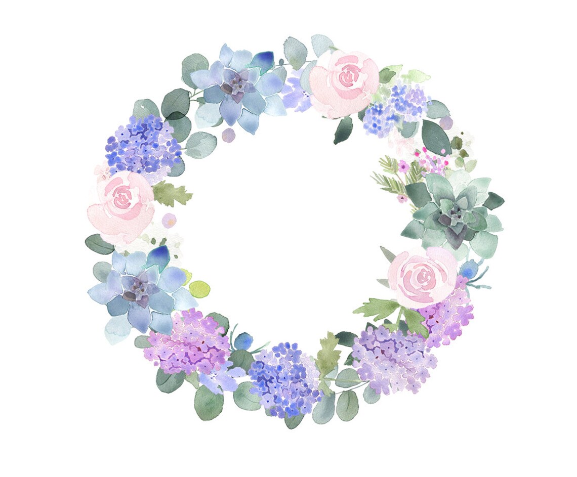 Watercolor Clip Art Floral Wreath Pink and Lilac Roses With | Etsy