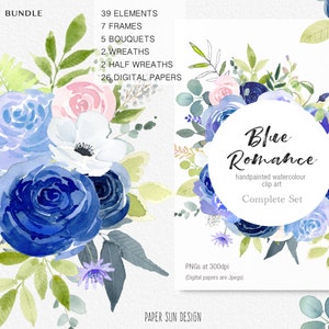 Blue Roses Clipart Bundle, Navy Blue Rose and White Anemone Clip Art Set, Watercolor Blue Rose Clipart Bundle, DIY Wedding Clip Art Pack