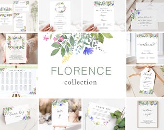 Wedding Stationery Bundle | INSTANT DOWNLOAD | Wildflower Wedding Invites | Floral Save the Date | Watercolour Name Cards | FLORENCE