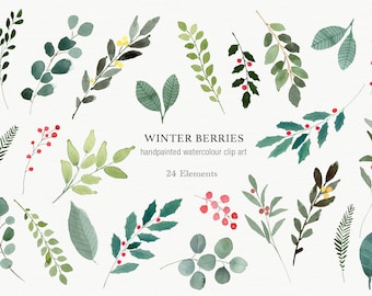 Winter Foliage Christmas Elements, Festive Clipart, Green Leaves & Berries Winter Elements, Watercolor Christmas, Individual PNG elements